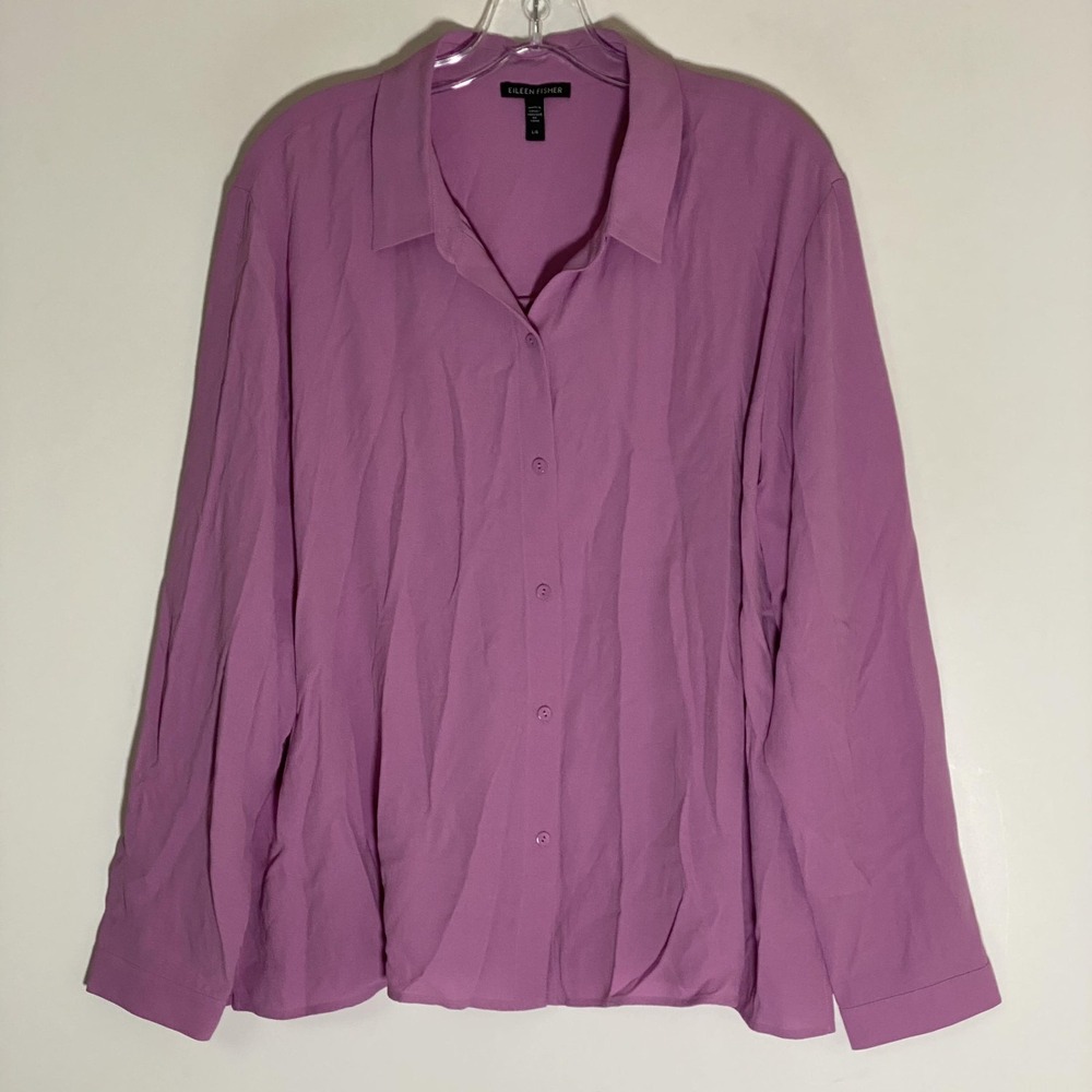 Eileen Fisher Blouse Womens Large Purple Silk Top Classy Dainty Oversized Chic L